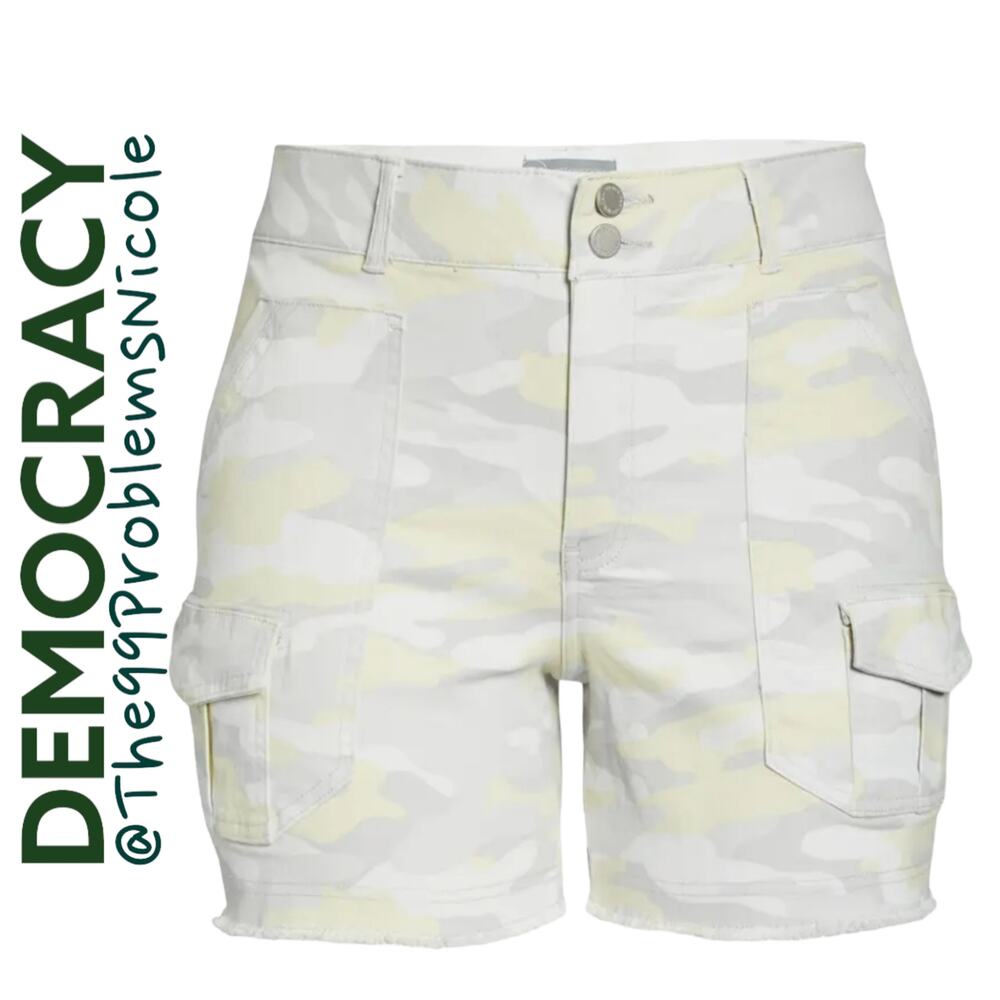 Democracy Camoflauge Print Cargo Shorts in Lemon Gray